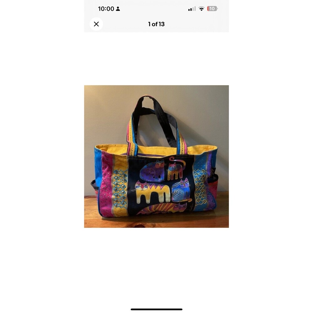 Laurel Burch Fantastic Feline Totem Canvas Tote/Shoulder Bag Double Handles